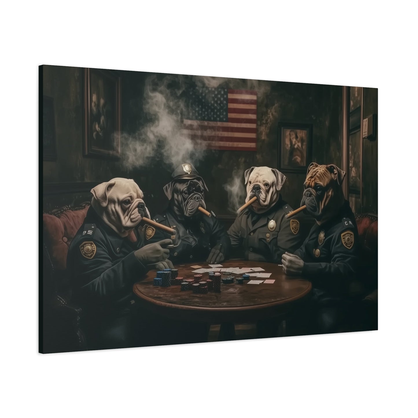 Police Bulldogs Dark Room Smoking Cigars & Poker Canvas - Cigar Style Co.