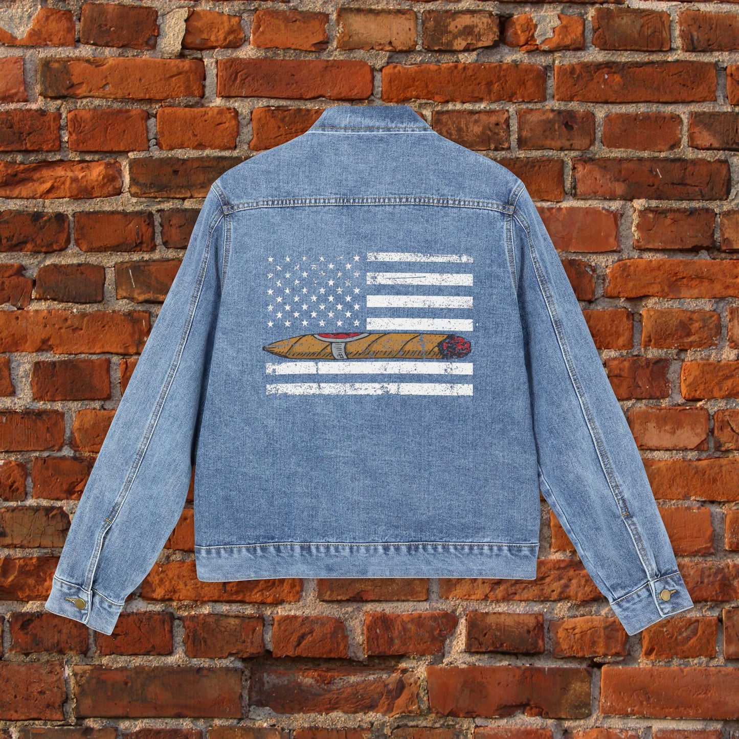 Cigar Smoking Denim Jacket | Vintage American Flag Jacket for Men