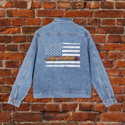 Cigar Smoking Denim Jacket | Vintage American Flag Jacket for Men