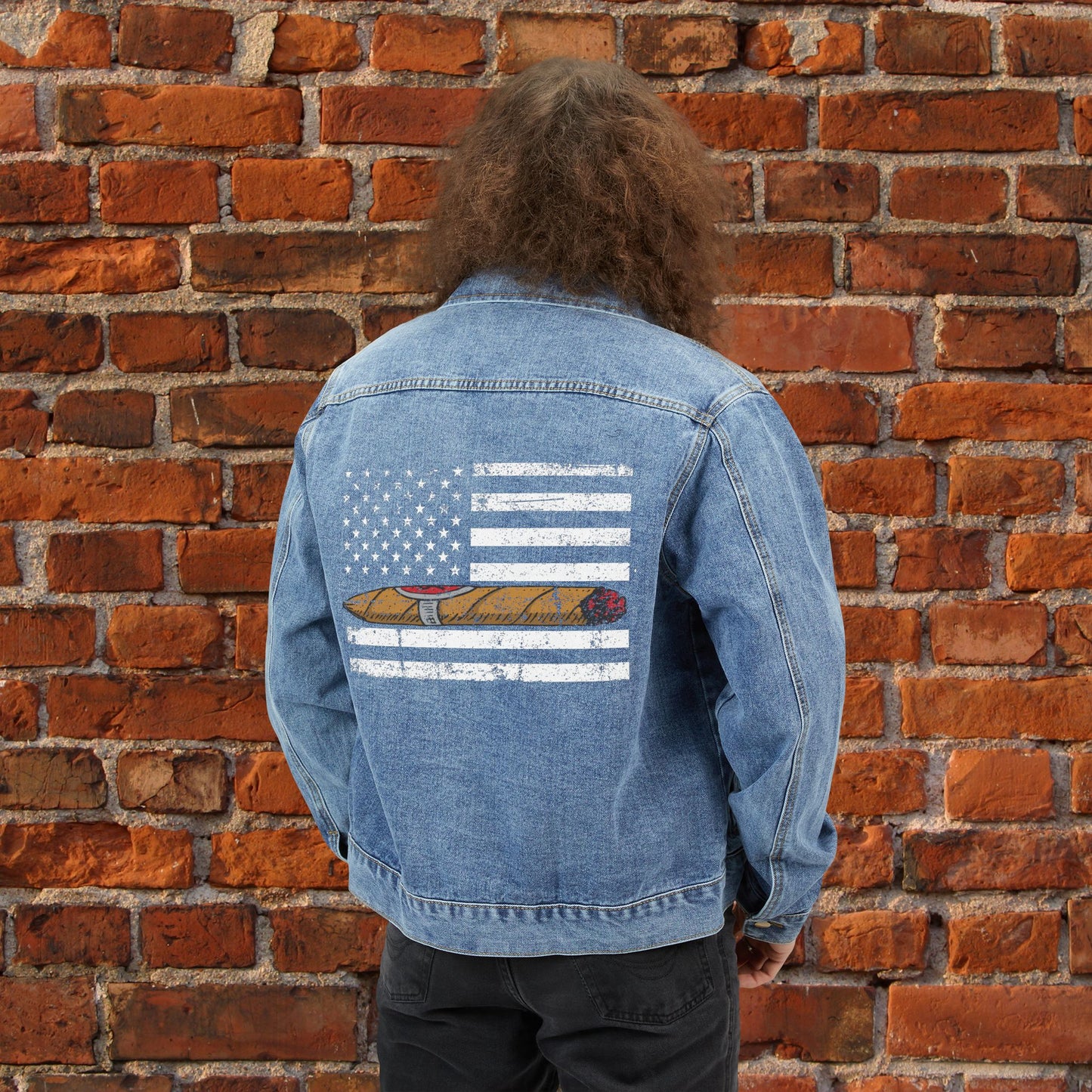 Cigar Smoking Denim Jacket | Vintage American Flag Jacket for Men