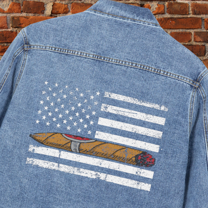Cigar Smoking Denim Jacket | Vintage American Flag Jacket for Men