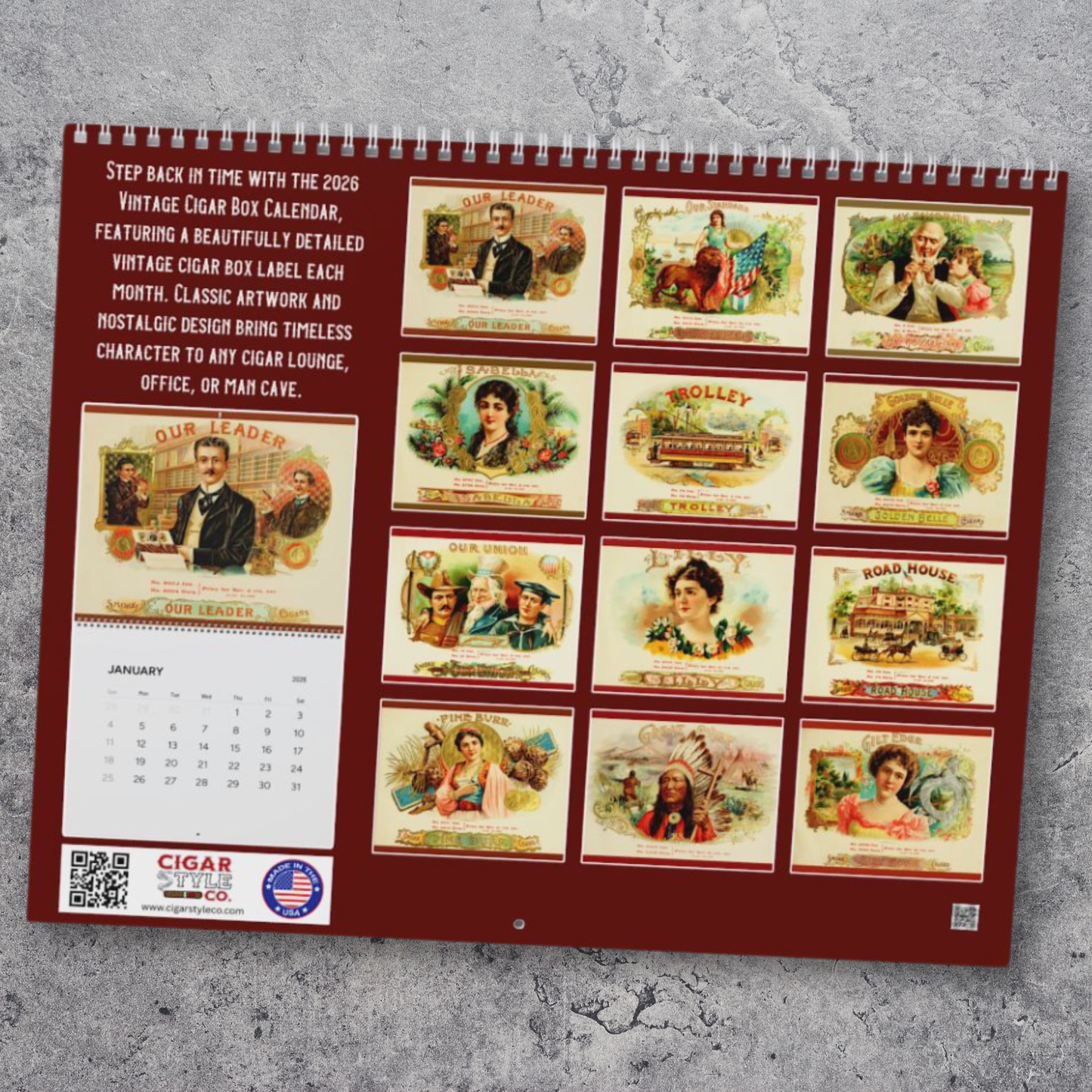2026 Vintage Cigar Box Calendar - Man Cave Lounge Wall Calendars