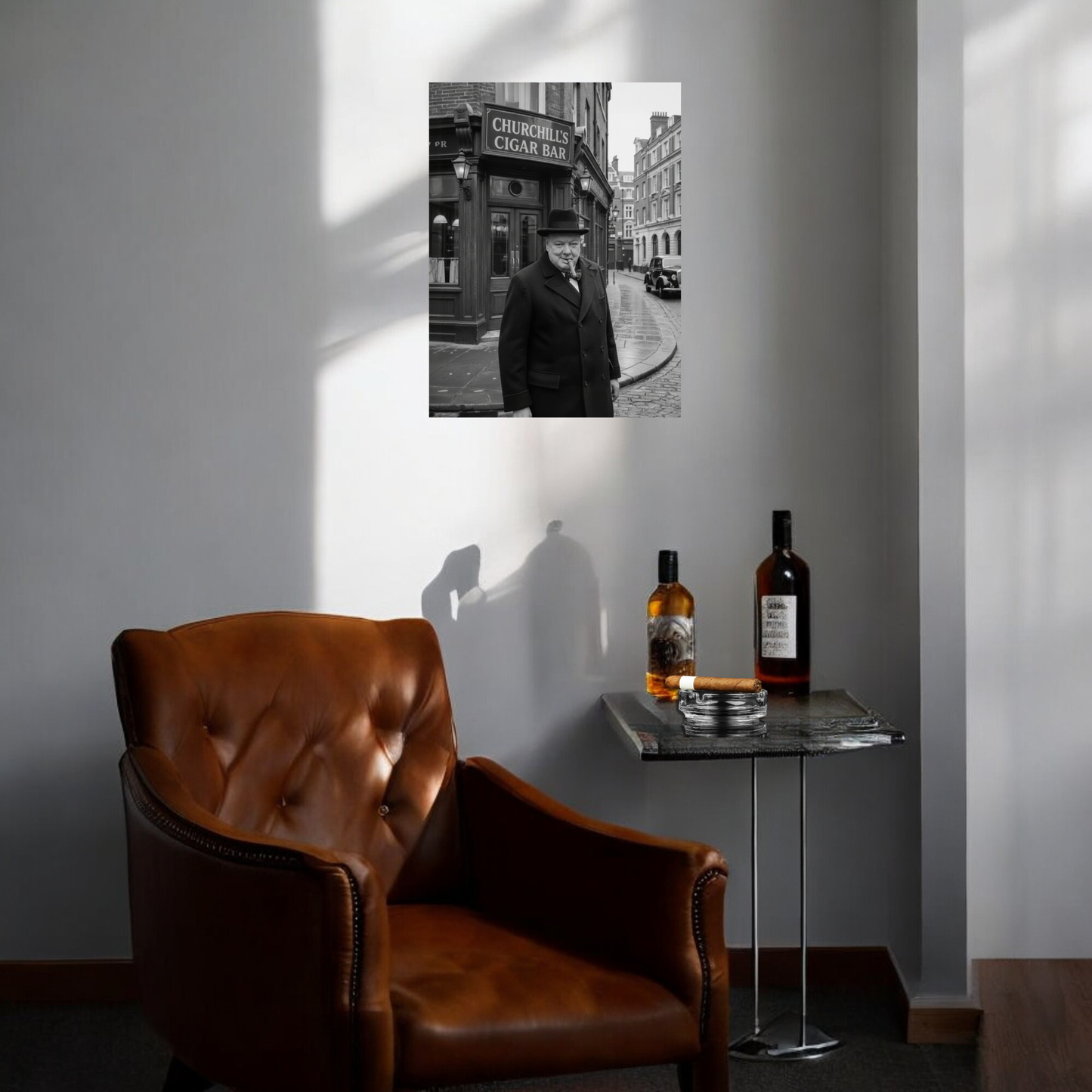 Winston Churchill Cigar Bar Black & White Poster | Vintage British Cigar Lounge Wall Art