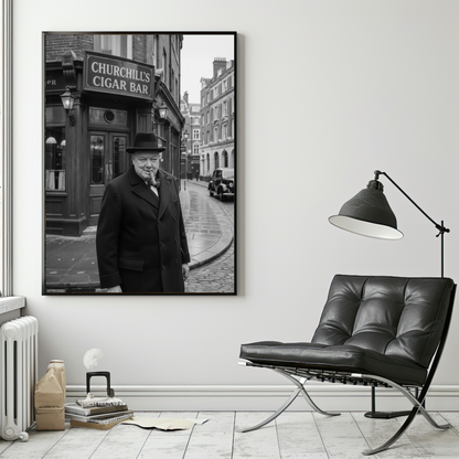 Winston Churchill Cigar Bar Black & White Poster | Vintage British Cigar Lounge Wall Art