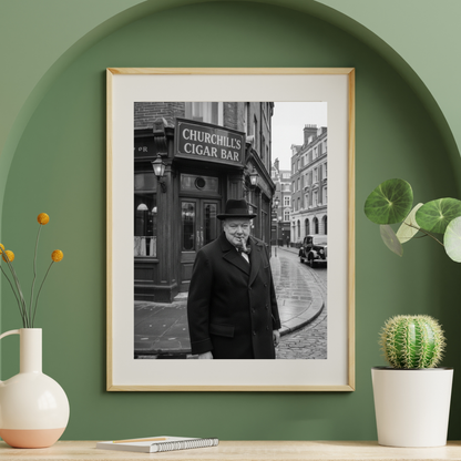 Winston Churchill Cigar Bar Black & White Poster | Vintage British Cigar Lounge Wall Art