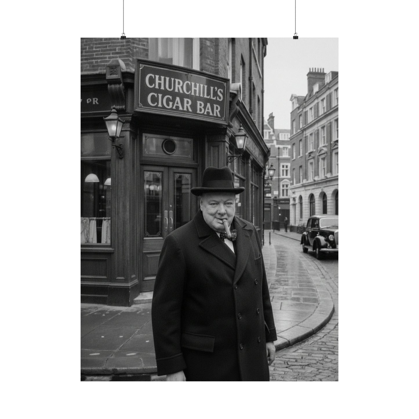 Winston Churchill Cigar Bar Black & White Poster | Vintage British Cigar Lounge Wall Art