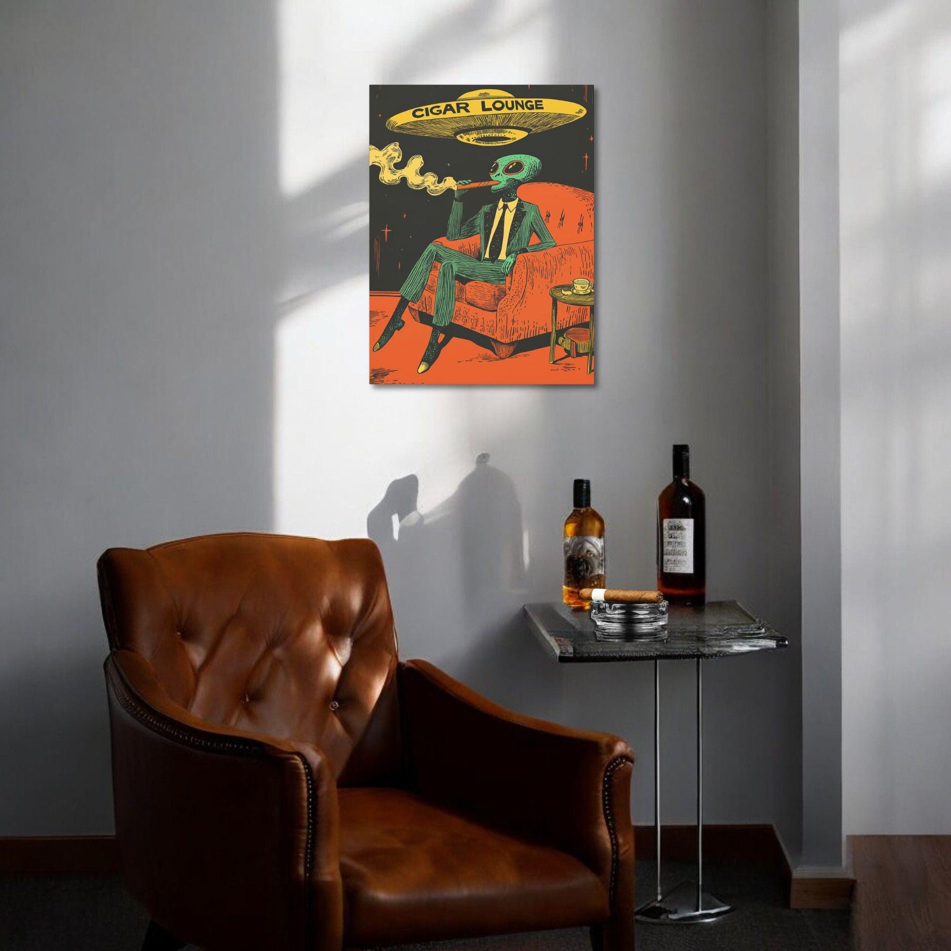 An alien smoking a cigar with a UFO above him. It says Cigar Lounge on the flying saucer.