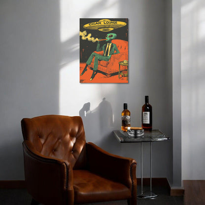 An alien smoking a cigar with a UFO above him. It says Cigar Lounge on the flying saucer.