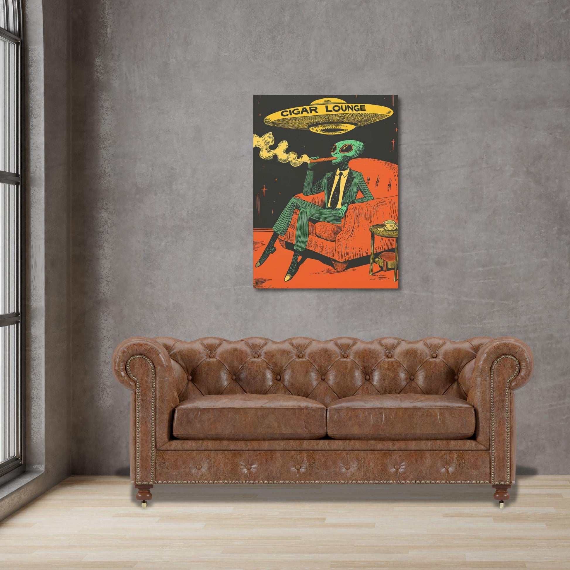An alien smoking a cigar with a UFO above him. It says Cigar Lounge on the flying saucer.