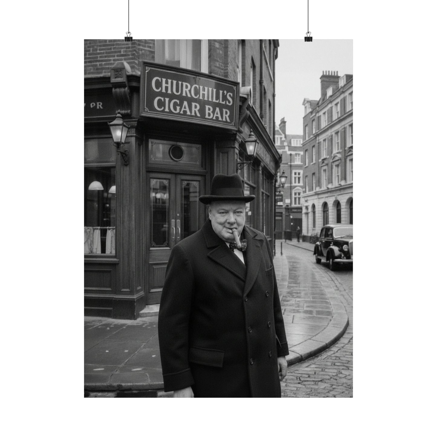 Winston Churchill Cigar Bar Black & White Poster | Vintage British Cigar Lounge Wall Art