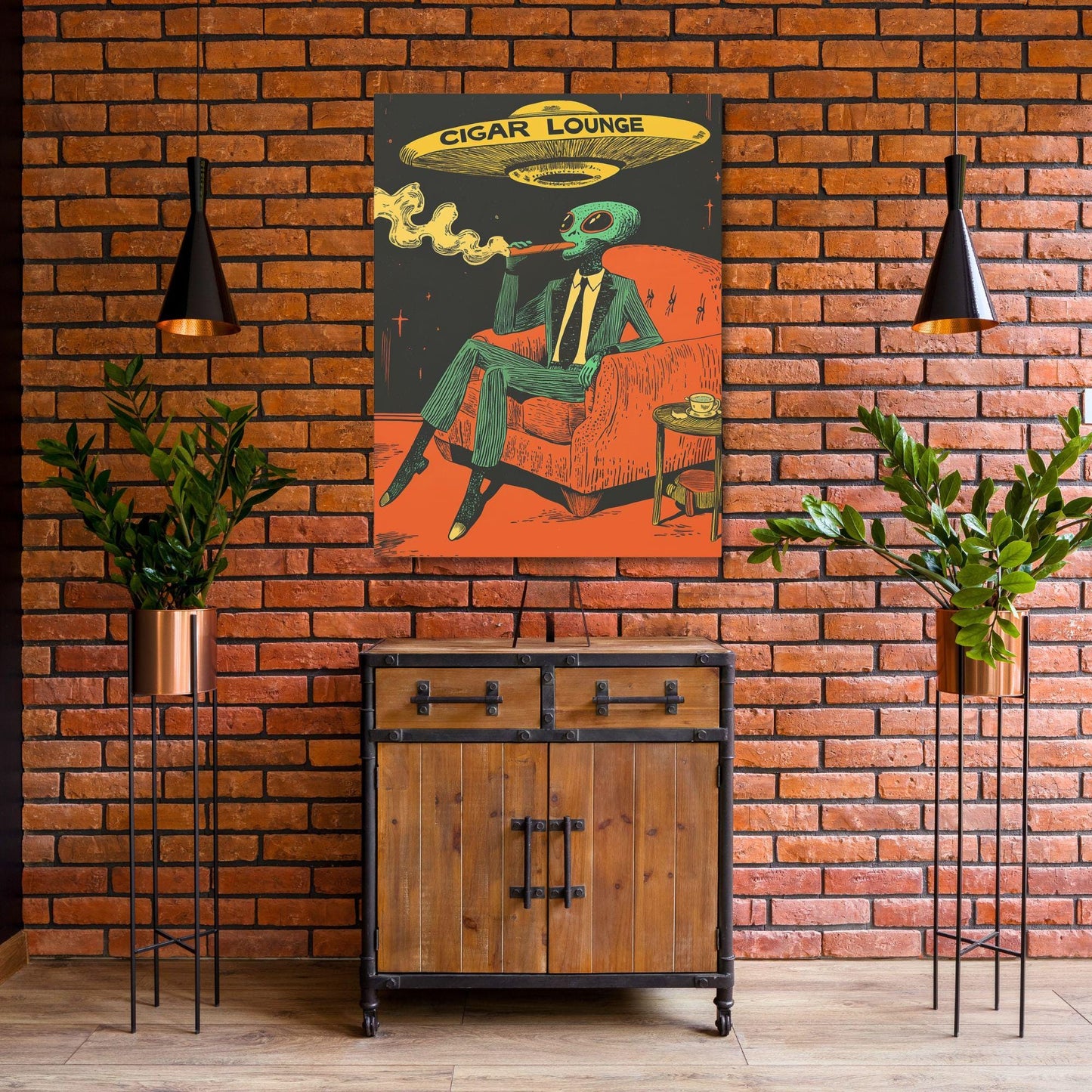 An alien smoking a cigar with a UFO above him. It says Cigar Lounge on the flying saucer.