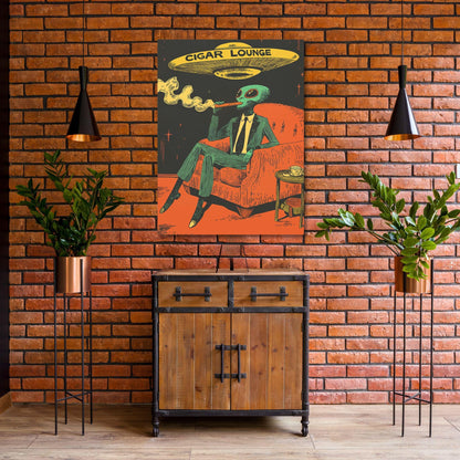An alien smoking a cigar with a UFO above him. It says Cigar Lounge on the flying saucer.