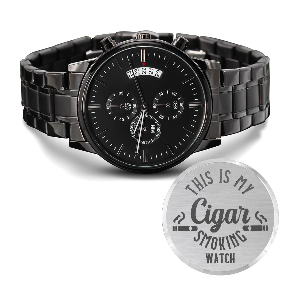 My Cigar Smoking Chronograph Watch | Black Steel Engraved Watch for Men