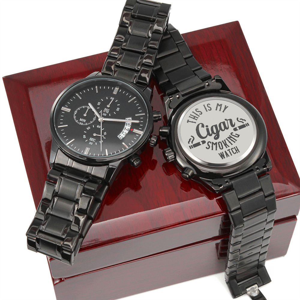 My Cigar Smoking Chronograph Watch | Black Steel Engraved Watch for Men