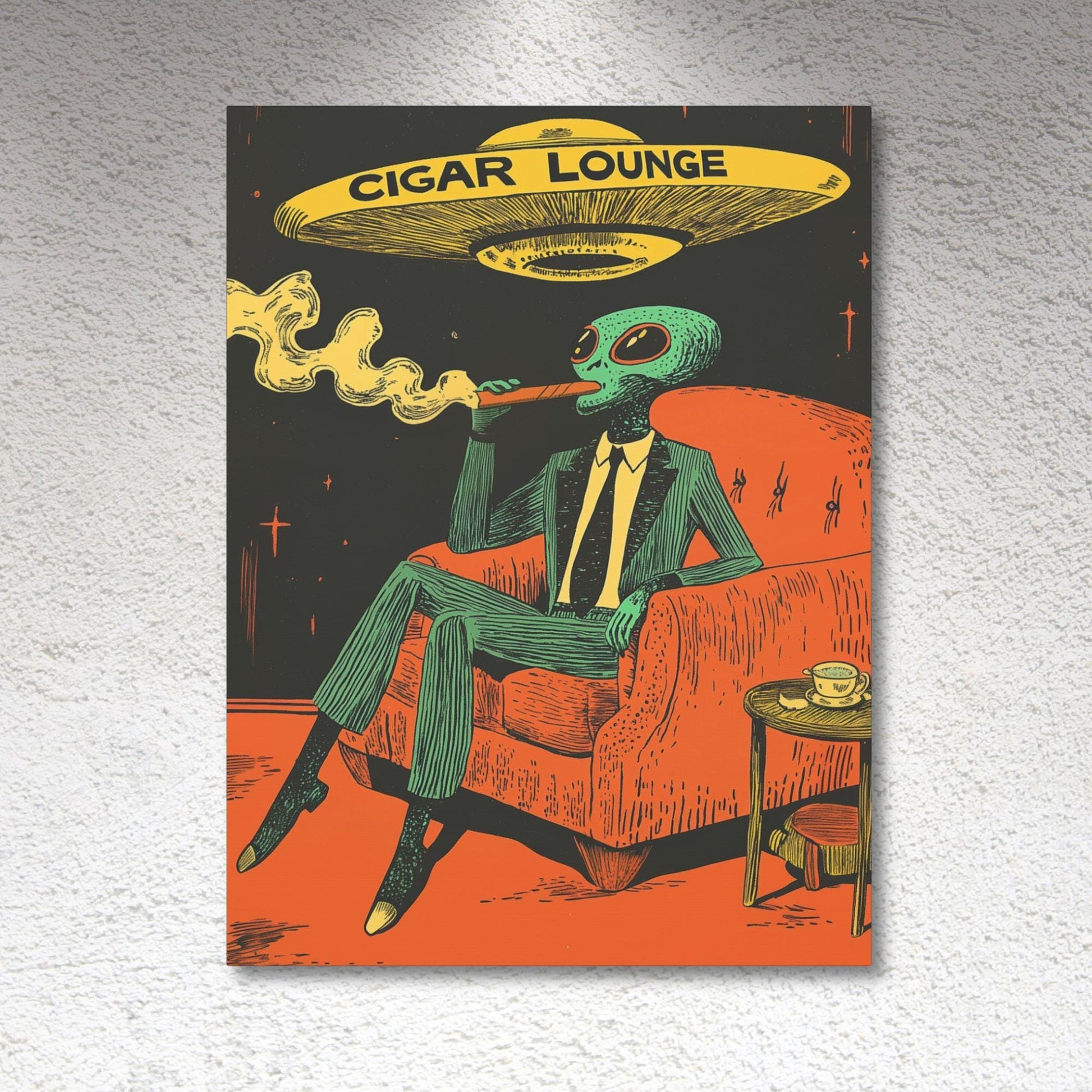 An alien smoking a cigar with a UFO above him. It says Cigar Lounge on the flying saucer.