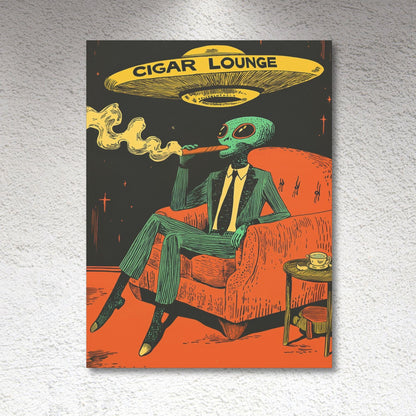An alien smoking a cigar with a UFO above him. It says Cigar Lounge on the flying saucer.