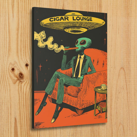 An alien smoking a cigar with a UFO above him. It says Cigar Lounge on the flying saucer.